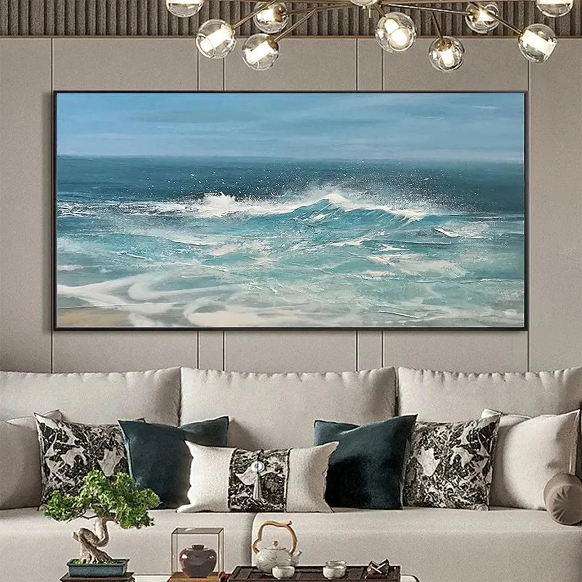 AZURE CRESTS: Dynamic Seascape Painting, Panoramic Wall Art | Abstract closeup, raised brushwork detail