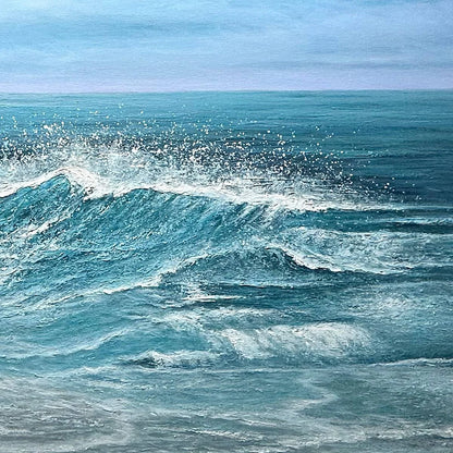 AZURE CRESTS: Dynamic Seascape Painting, Panoramic Wall Art | rectangular format, hand-painted canvas edge