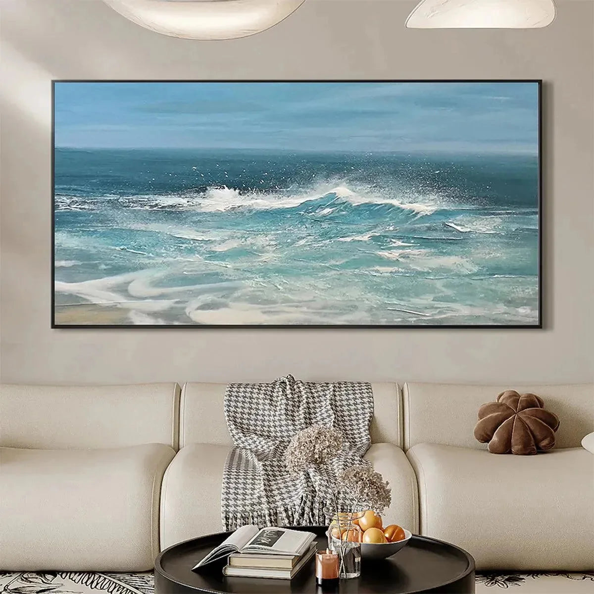 AZURE CRESTS: Dynamic Seascape Painting, Panoramic Wall Art | gold frame stretched on neutral wall