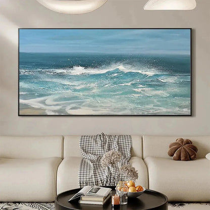 AZURE CRESTS: Dynamic Seascape Painting, Panoramic Wall Art | gold frame stretched on neutral wall