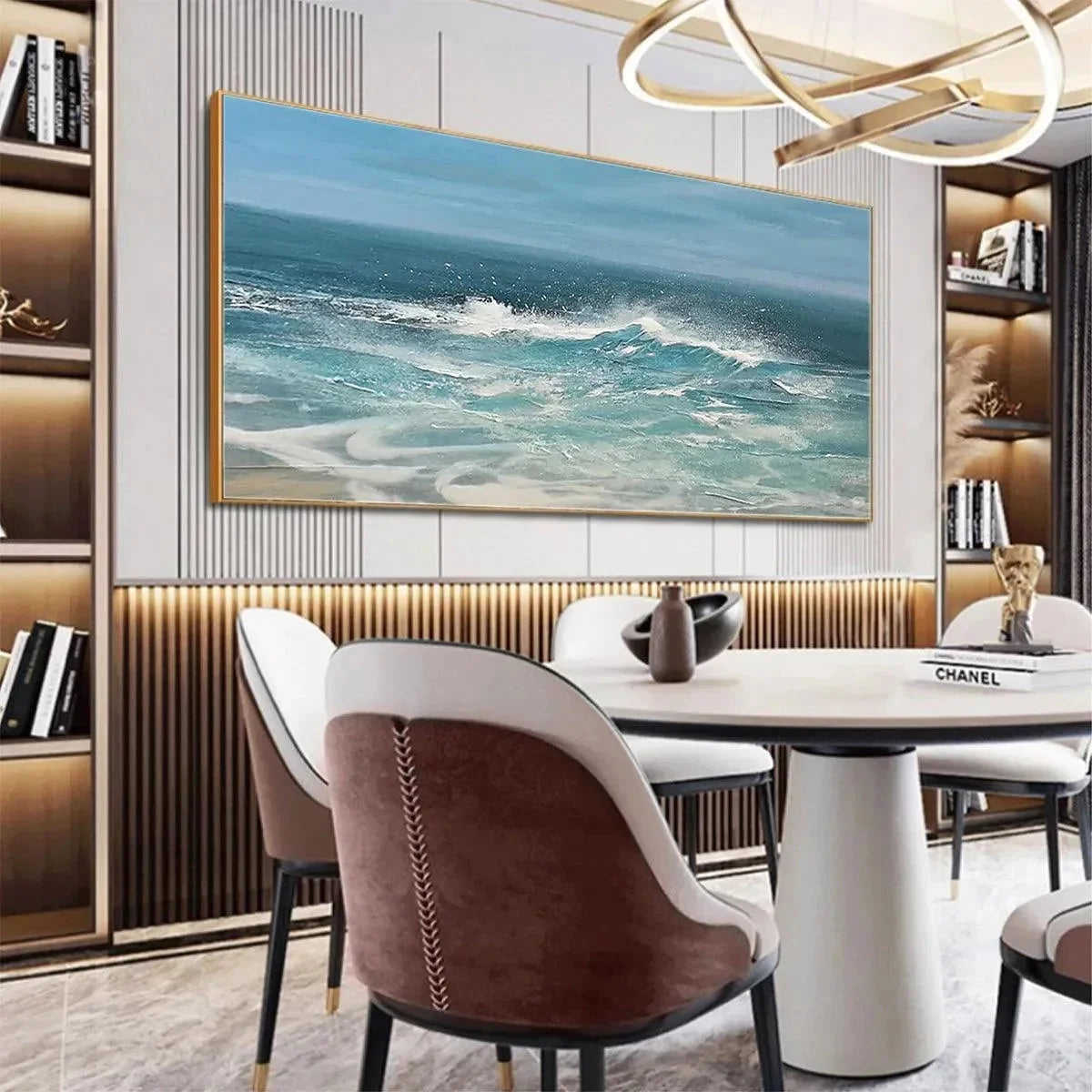 AZURE CRESTS: Dynamic Seascape Painting, Panoramic Wall Art | rolled canvas, ready for custom framing