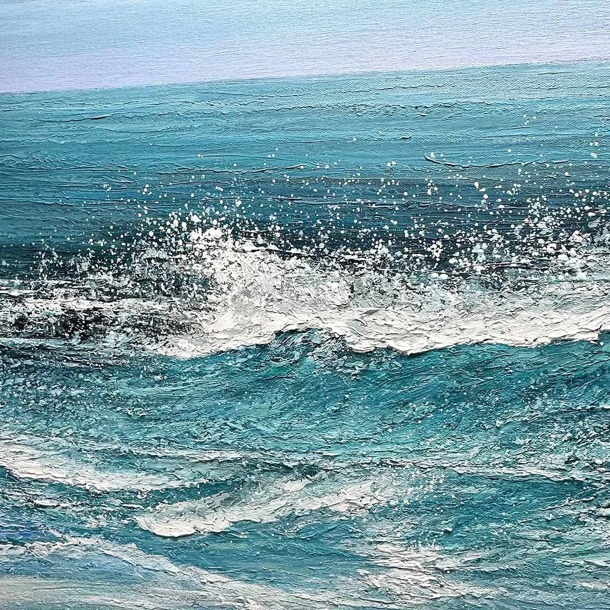 AZURE CRESTS: Dynamic Seascape Painting, Panoramic Wall Art | black frame version on white wall