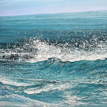 AZURE CRESTS: Dynamic Seascape Painting, Panoramic Wall Art | black frame version on white wall