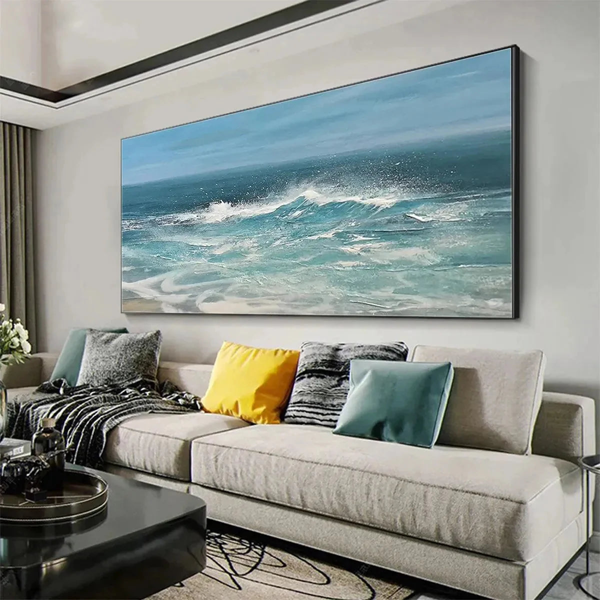AZURE CRESTS: Dynamic Seascape Painting, Panoramic Wall Art | Abstract mood, soft natural light studio shot