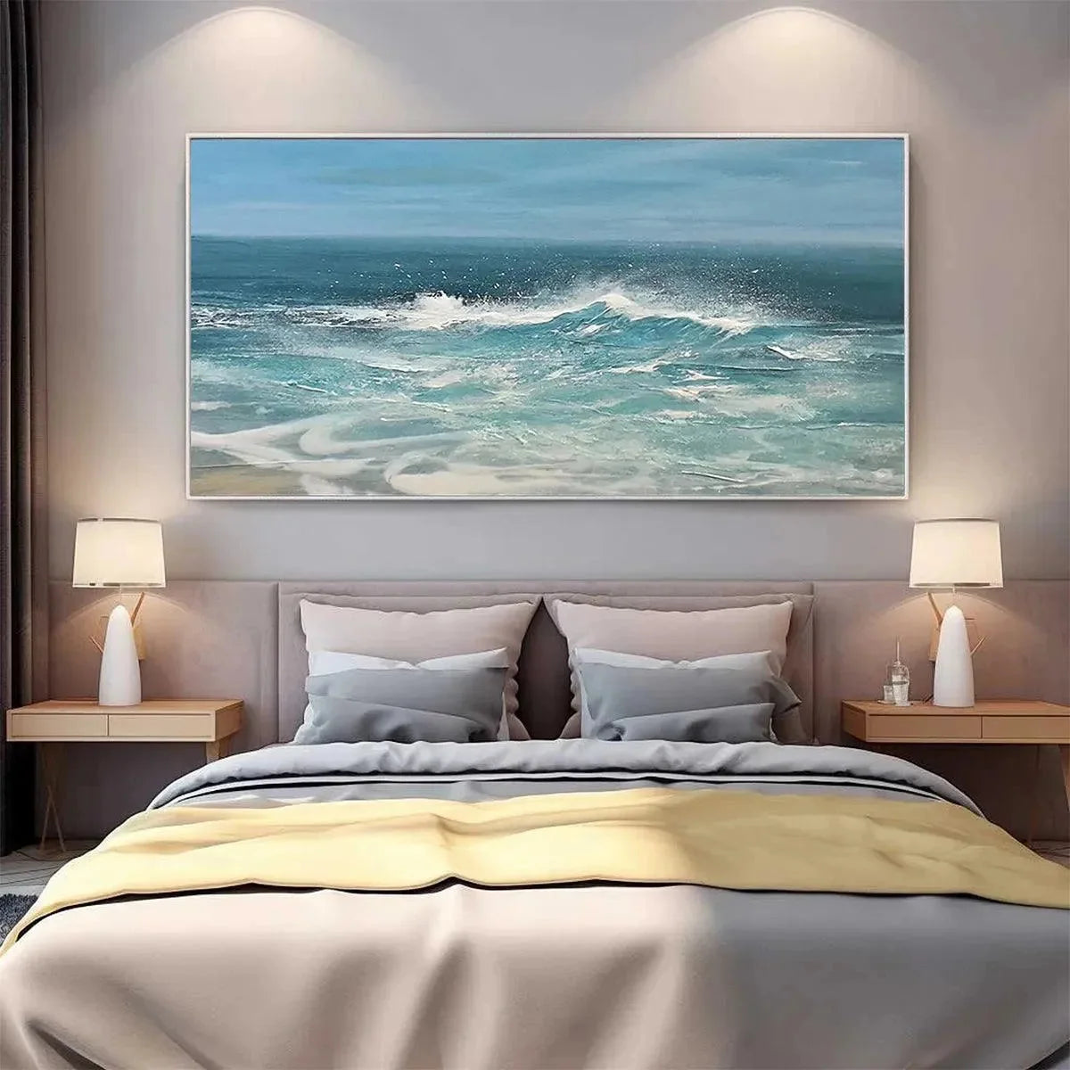 AZURE CRESTS: Dynamic Seascape Painting, Panoramic Wall Art | blue palette, original Hand-painted on wide stretched canvas using artist-grade oils; rich textured surface gives a sense of movement a...