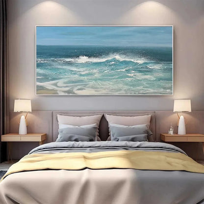 AZURE CRESTS: Dynamic Seascape Painting, Panoramic Wall Art | blue palette, original Hand-painted on wide stretched canvas using artist-grade oils; rich textured surface gives a sense of movement a...