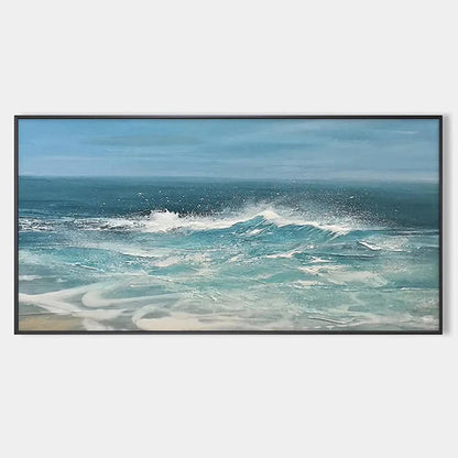 AZURE CRESTS: Dynamic Seascape Painting, Panoramic Wall Art | hanging in Panoramic-format dynamic seascape oil painting showing layered blue and turquoise waves with energetic impasto brushwork and...