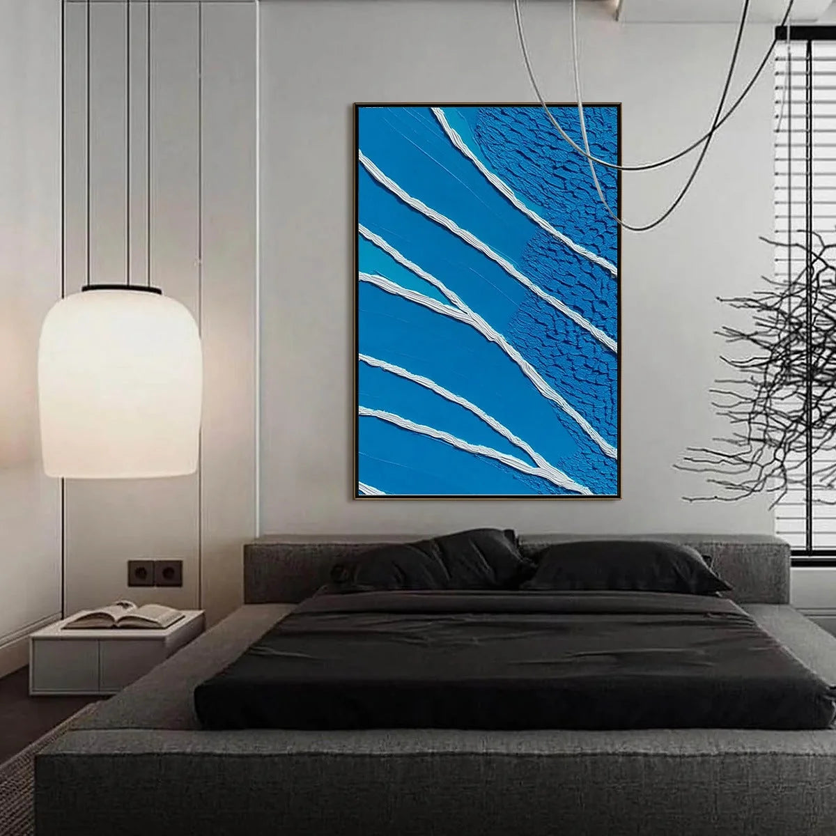 Azure Current | Textured Abstract Blue Vertical Oil Painting | gold frame stretched on neutral wall