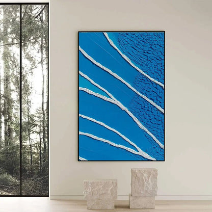 Azure Current | Textured Abstract Blue Vertical Oil Painting | black frame version on white wall