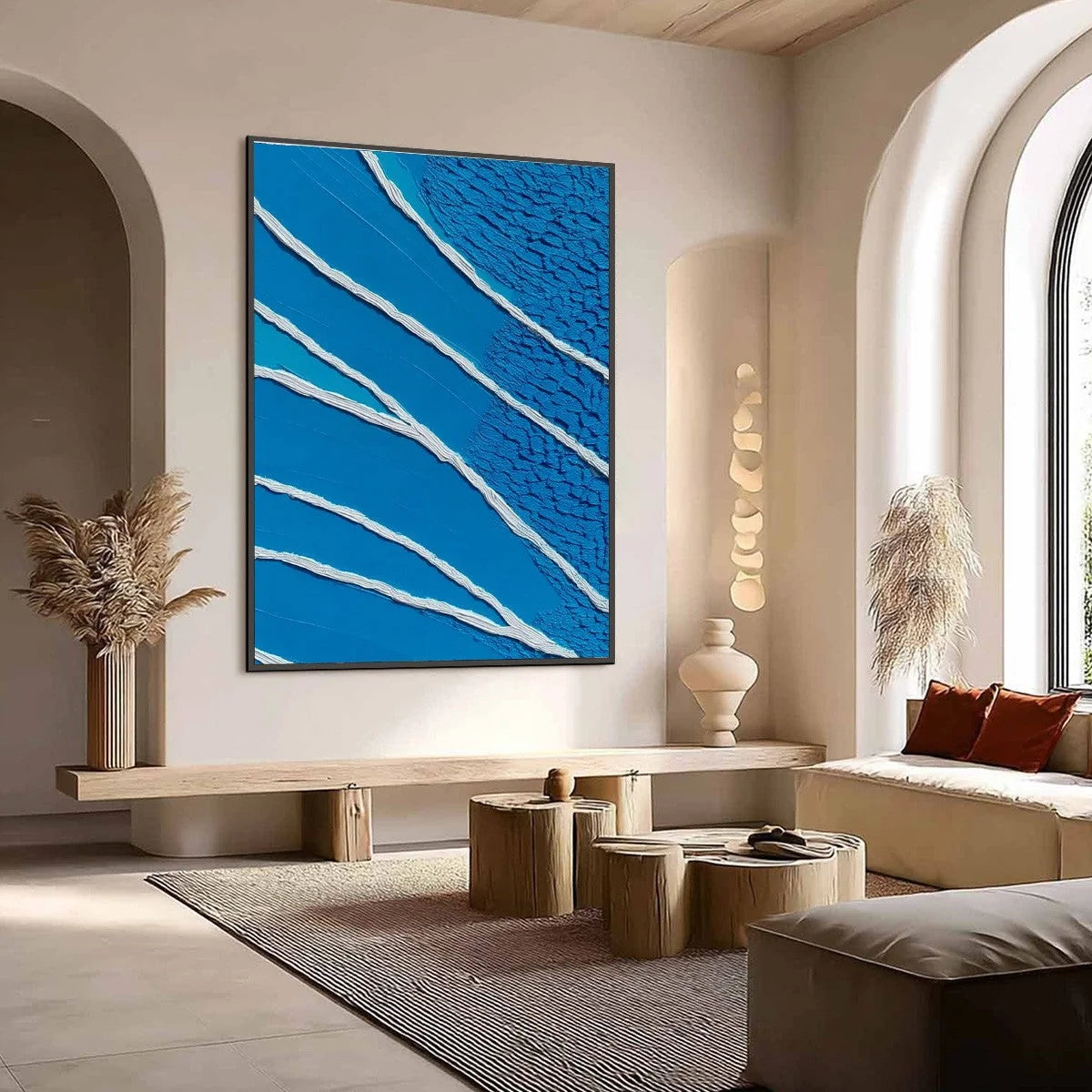 Azure Current | Textured Abstract Blue Vertical Oil Painting | Abstract mood, soft natural light studio shot