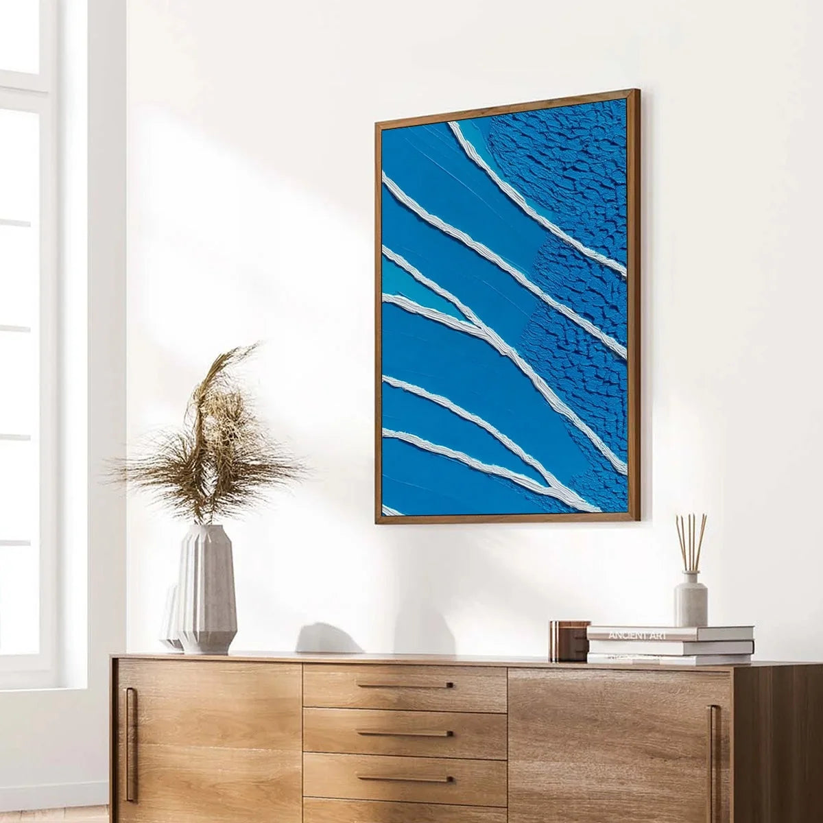 Azure Current | Textured Abstract Blue Vertical Oil Painting | blue palette, original Hand-painted on tall narrow stretched canvas with artist-grade oils; sculptural palette-knife work conveys casc...