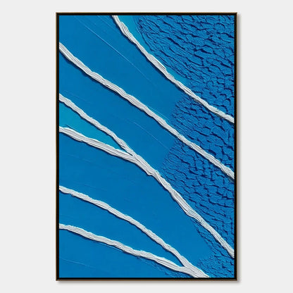 Azure Current | Textured Abstract Blue Vertical Oil Painting | hanging in Vertical textured abstract oil painting interpreting flowing water currents in deep blue, indigo, and white tones with thic...