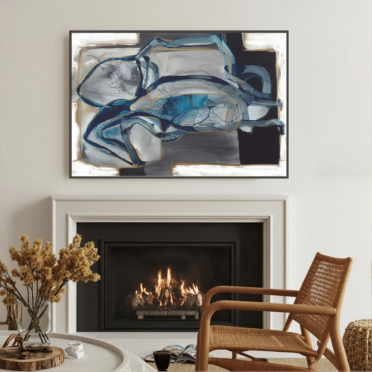 AZURE DEPTHS: Abstract Blue and Gold Oil Painting | Abstract closeup, raised brushwork detail