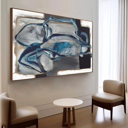 AZURE DEPTHS: Abstract Blue and Gold Oil Painting | rectangular format, hand-painted canvas edge
