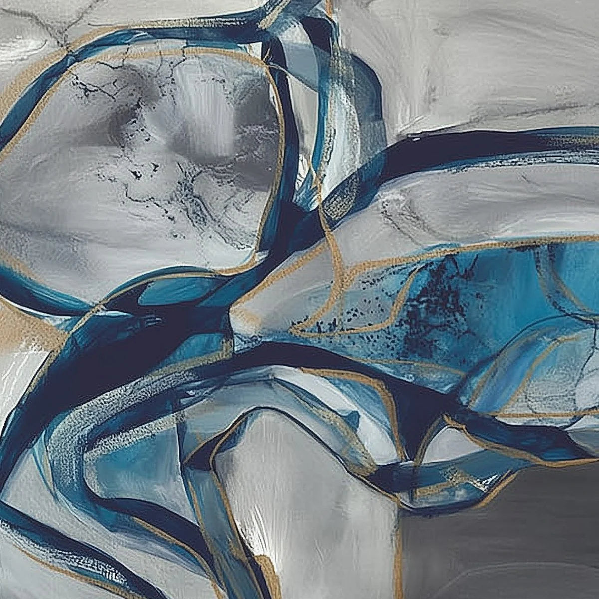AZURE DEPTHS: Abstract Blue and Gold Oil Painting | gold frame stretched on neutral wall