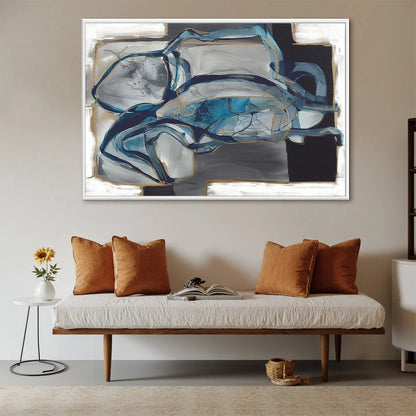 AZURE DEPTHS: Abstract Blue and Gold Oil Painting | rolled canvas, ready for custom framing