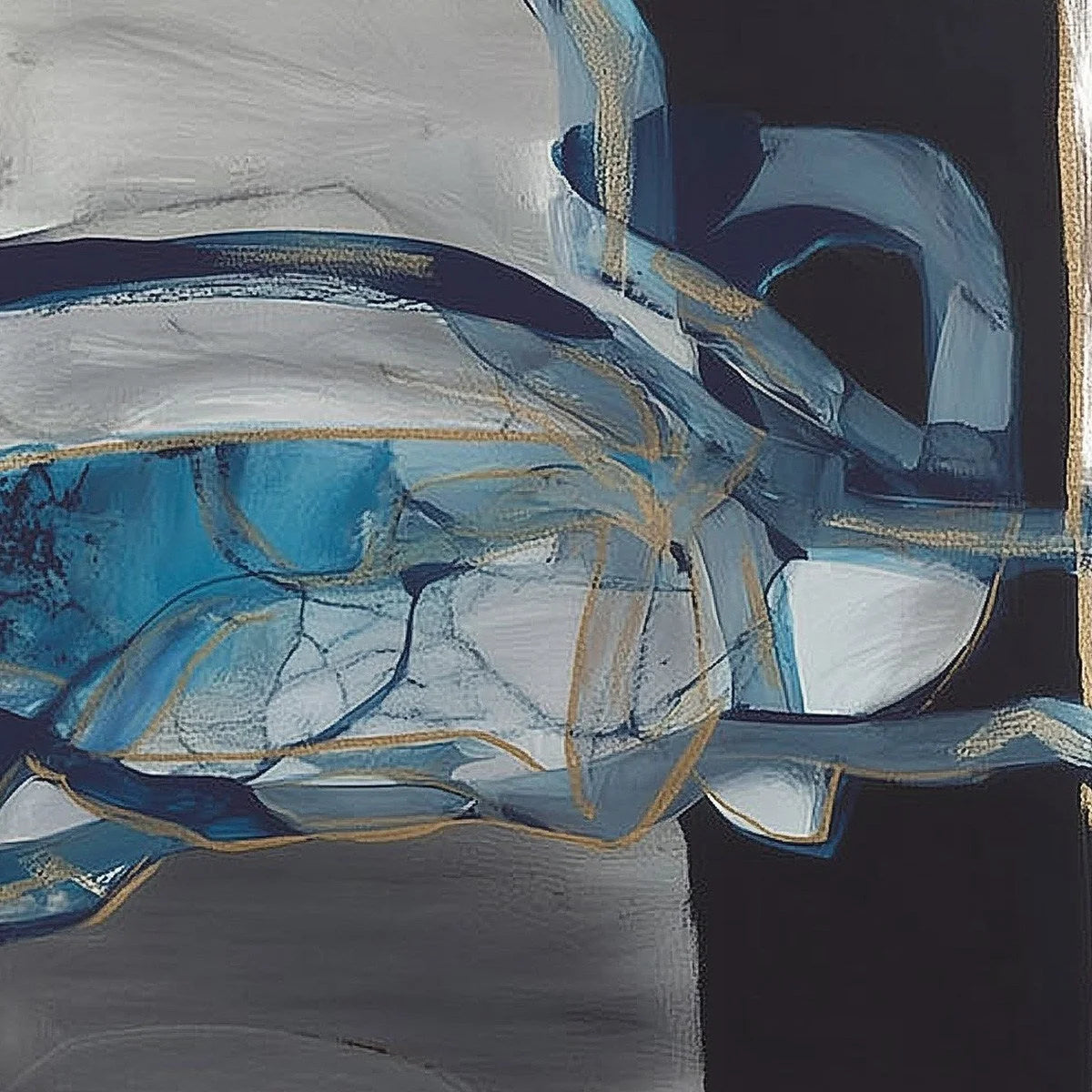 AZURE DEPTHS: Abstract Blue and Gold Oil Painting | Abstract mood, soft natural light studio shot