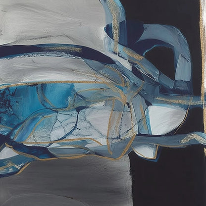 AZURE DEPTHS: Abstract Blue and Gold Oil Painting | Abstract mood, soft natural light studio shot