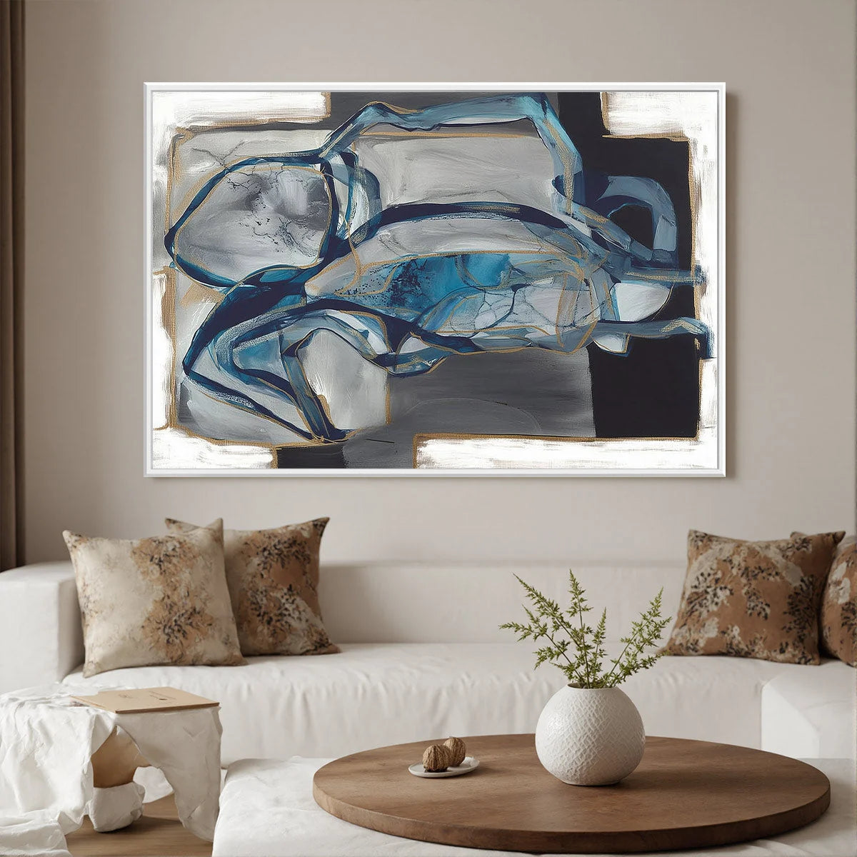 AZURE DEPTHS: Abstract Blue and Gold Oil Painting | blue palette, original Hand-painted on premium stretched canvas using artist-grade oil paints; rich layered surface combines smooth gradients wit...