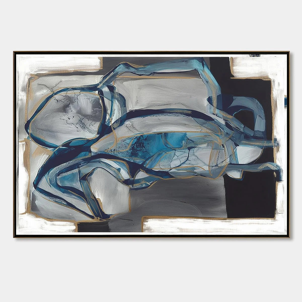 AZURE DEPTHS: Abstract Blue and Gold Oil Painting | hanging in Abstract oil painting in deep blue, navy, and metallic gold tones, evoking ocean depths and shimmering light through layered textured ...