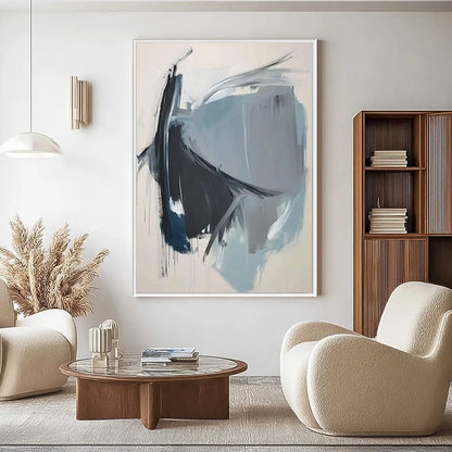 AZURE DEPTHS: Abstract Minimalist Blue and Grey Oil Painting | Minimalist closeup, raised brushwork detail