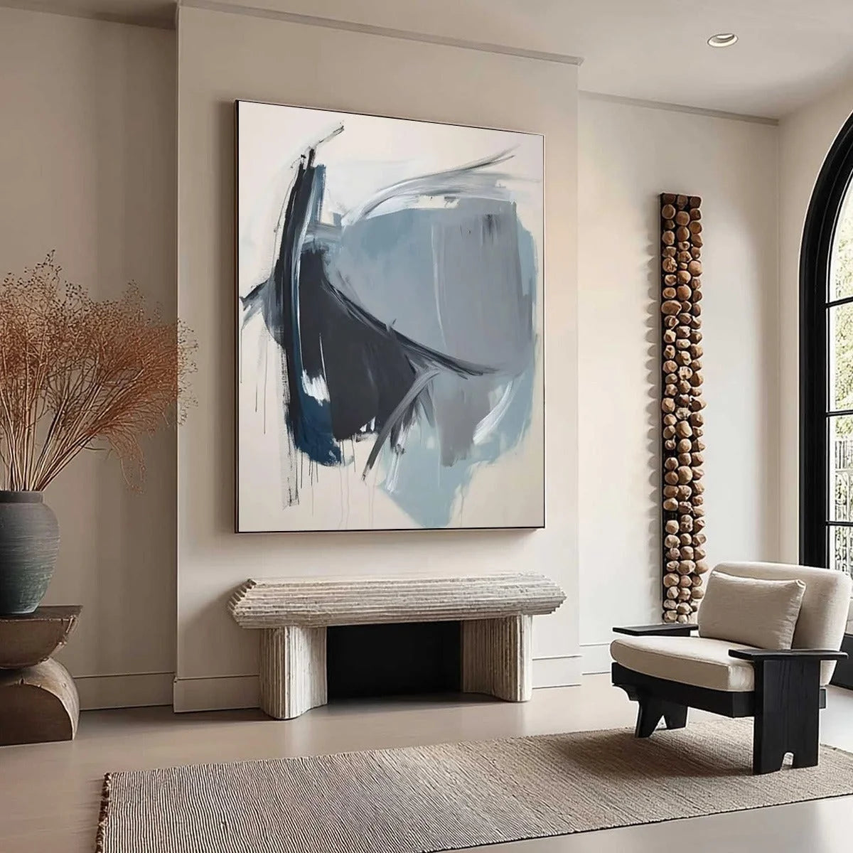 AZURE DEPTHS: Abstract Minimalist Blue and Grey Oil Painting | rectangular format, hand-painted canvas edge