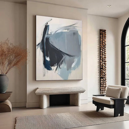 AZURE DEPTHS: Abstract Minimalist Blue and Grey Oil Painting | rectangular format, hand-painted canvas edge