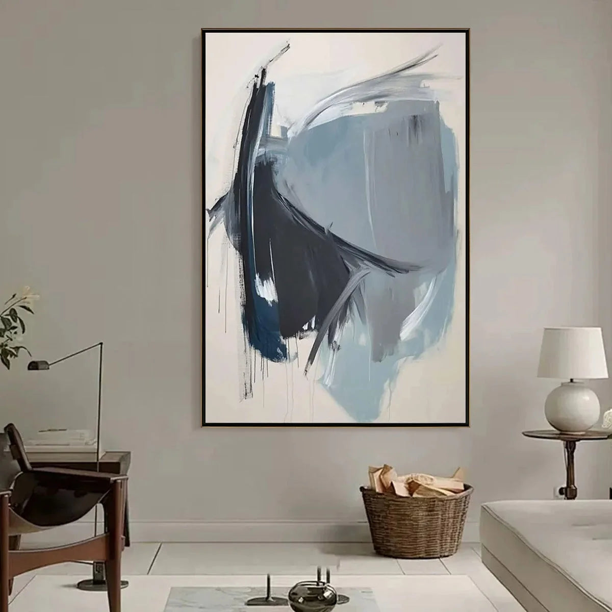AZURE DEPTHS: Abstract Minimalist Blue and Grey Oil Painting | rolled canvas, ready for custom framing