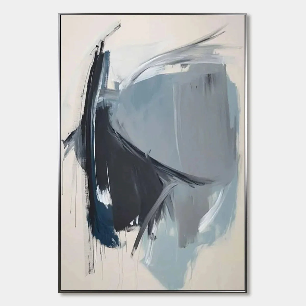 AZURE DEPTHS: Abstract Minimalist Blue and Grey Oil Painting | hanging in AZURE DEPTHS: Abstract Minimalist Blue and Grey Oil Painting featuring layered textured brushwork in refined tones; minimal...
