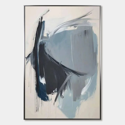 AZURE DEPTHS: Abstract Minimalist Blue and Grey Oil Painting | hanging in AZURE DEPTHS: Abstract Minimalist Blue and Grey Oil Painting featuring layered textured brushwork in refined tones; minimal...
