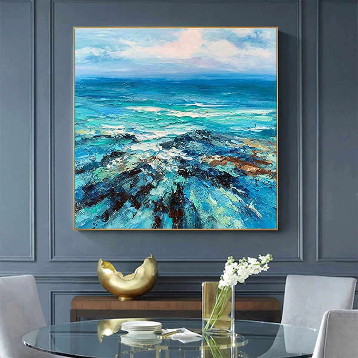 AZURE DEPTHS: Impasto Seascape Oil Painting in Blues and Greens | Abstract closeup, raised brushwork detail