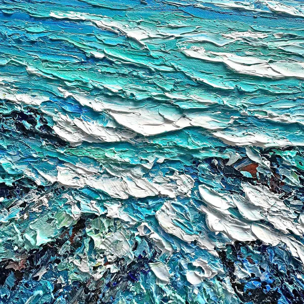 AZURE DEPTHS: Impasto Seascape Oil Painting in Blues and Greens | rectangular format, hand-painted canvas edge