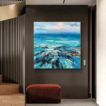 AZURE DEPTHS: Impasto Seascape Oil Painting in Blues and Greens | gold frame stretched on neutral wall