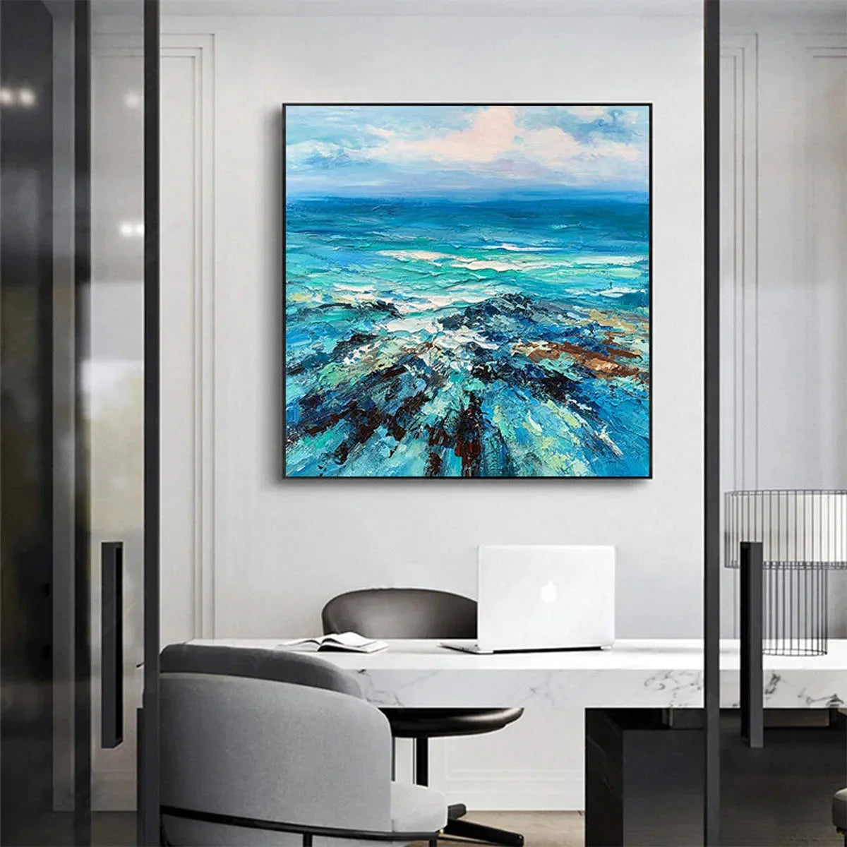 AZURE DEPTHS: Impasto Seascape Oil Painting in Blues and Greens | rolled canvas, ready for custom framing