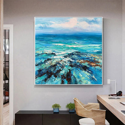 AZURE DEPTHS: Impasto Seascape Oil Painting in Blues and Greens | black frame version on white wall