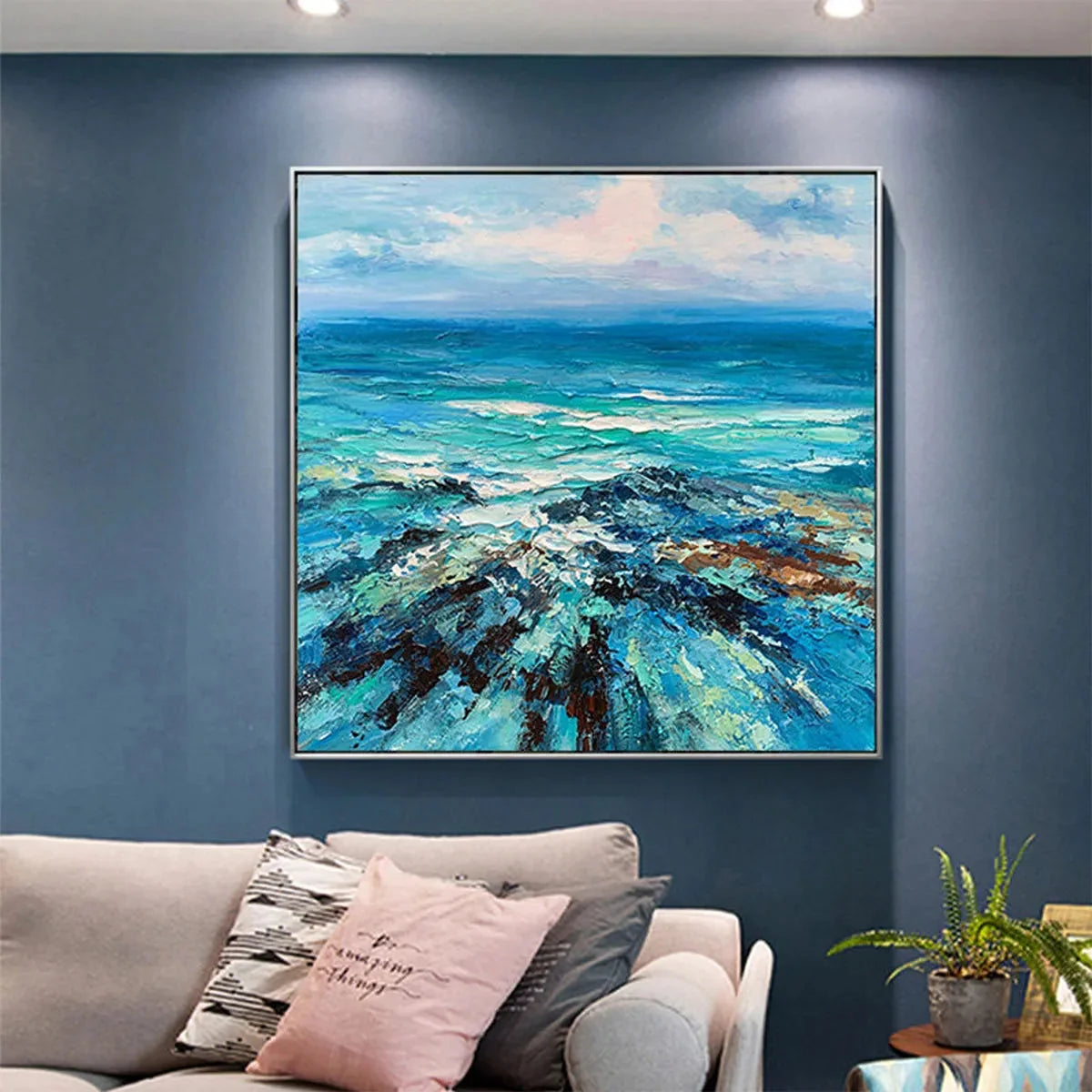 AZURE DEPTHS: Impasto Seascape Oil Painting in Blues and Greens | Abstract mood, soft natural light studio shot