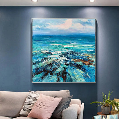 AZURE DEPTHS: Impasto Seascape Oil Painting in Blues and Greens | Abstract mood, soft natural light studio shot