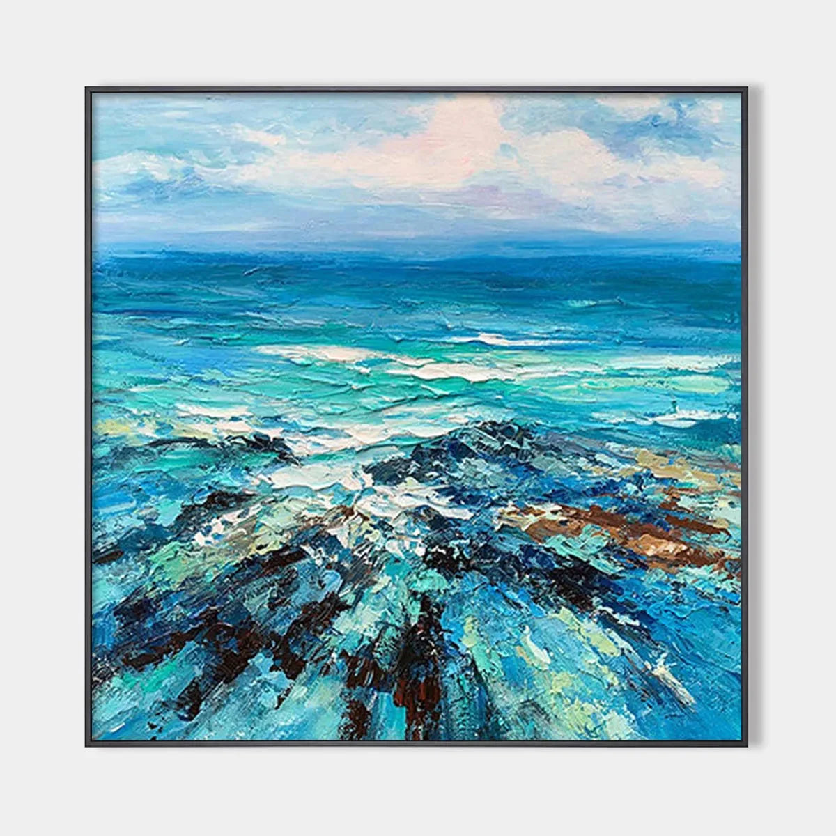 AZURE DEPTHS: Impasto Seascape Oil Painting in Blues and Greens | hanging in Textured impasto seascape oil painting combining ocean blues and sea greens with thick palette-knife brushwork that capt...