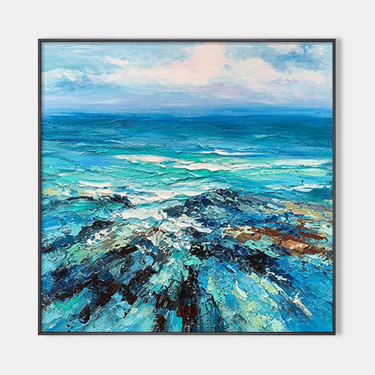 AZURE DEPTHS: Impasto Seascape Oil Painting in Blues and Greens | hanging in Textured impasto seascape oil painting combining ocean blues and sea greens with thick palette-knife brushwork that capt...