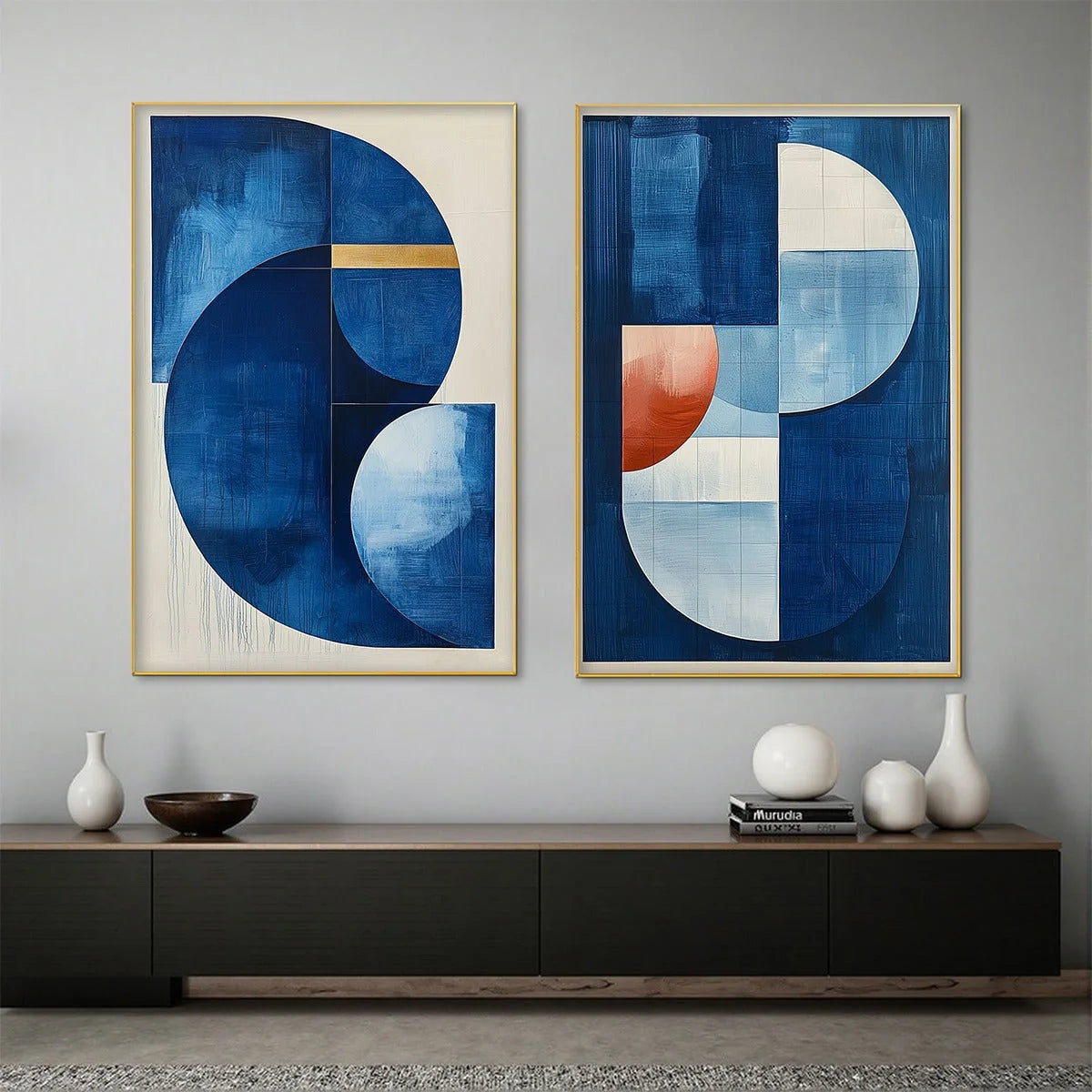 AZURE DEPTHS: Minimalist Blue and Gold Abstract Oil Painting | gold frame stretched on neutral wall