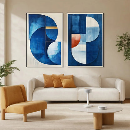 AZURE DEPTHS: Minimalist Blue and Gold Abstract Oil Painting | rolled canvas, ready for custom framing
