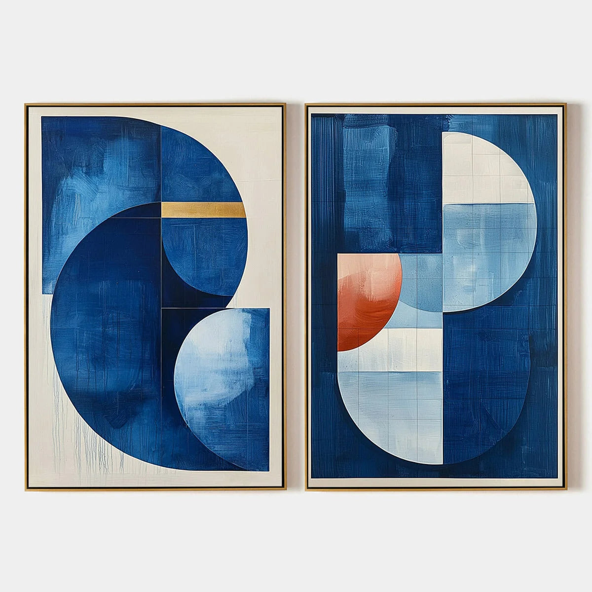 AZURE DEPTHS: Minimalist Blue and Gold Abstract Oil Painting | hanging in Minimalist abstract oil painting pairing deep ocean blue with metallic gold accents, creating a refined and contemplative m...