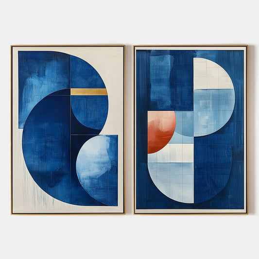 AZURE DEPTHS: Minimalist Blue and Gold Abstract Oil Painting | hanging in Minimalist abstract oil painting pairing deep ocean blue with metallic gold accents, creating a refined and contemplative m...