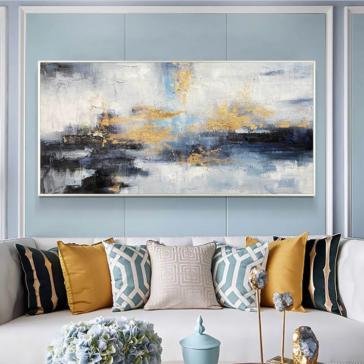 AZURE DREAM: Abstract Blue and Gold Oil Painting | Abstract closeup, raised brushwork detail