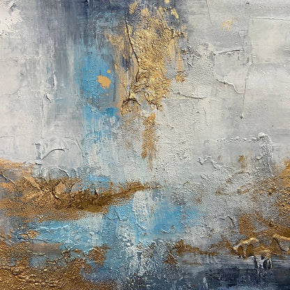 AZURE DREAM: Abstract Blue and Gold Oil Painting | rectangular format, hand-painted canvas edge