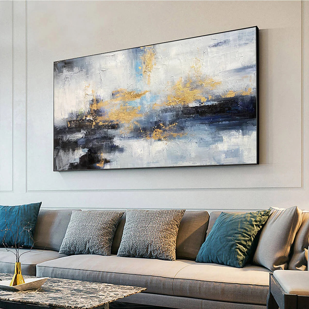 AZURE DREAM: Abstract Blue and Gold Oil Painting | gold frame stretched on neutral wall