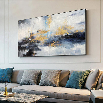 AZURE DREAM: Abstract Blue and Gold Oil Painting | gold frame stretched on neutral wall