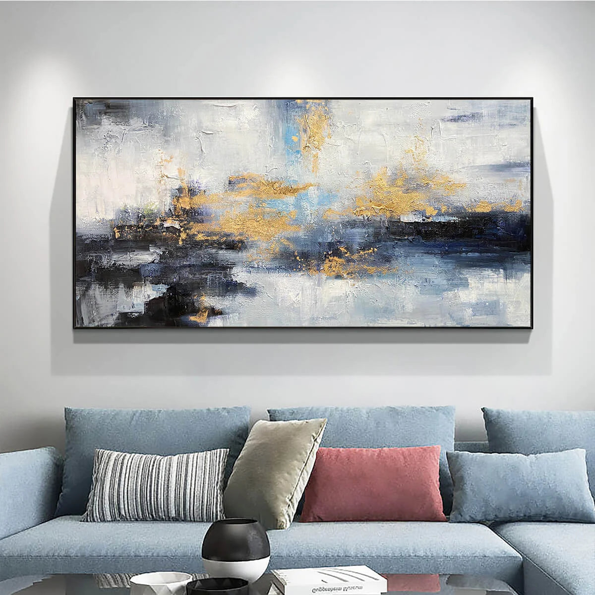 AZURE DREAM: Abstract Blue and Gold Oil Painting | black frame version on white wall