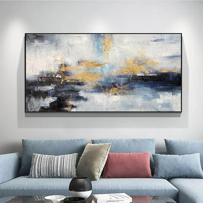 AZURE DREAM: Abstract Blue and Gold Oil Painting | black frame version on white wall