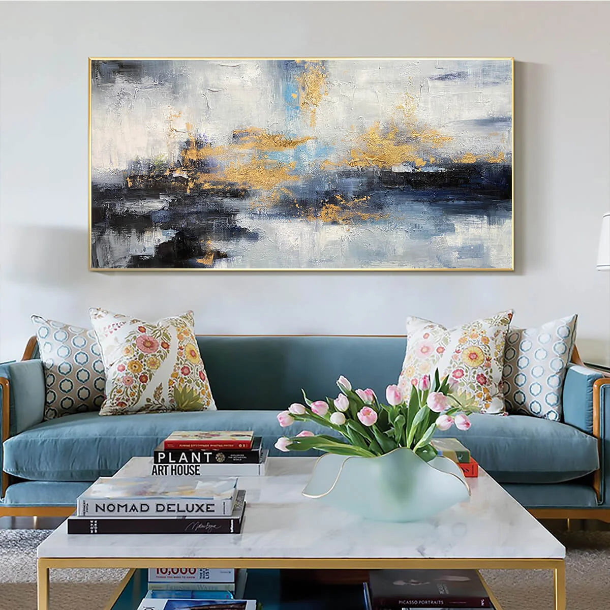 AZURE DREAM: Abstract Blue and Gold Oil Painting | Abstract mood, soft natural light studio shot